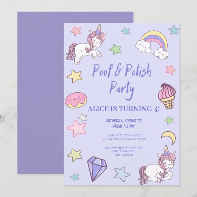 mädchenhaftes Einhorn- und Regenbogengeburtstag Einladung (Vorne/Hinten)