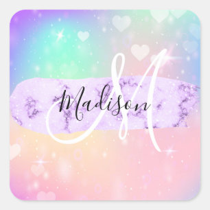 Mädchenhaftes, farbenfrohes Einhorn-Regenbogen-Her Quadratischer Aufkleber