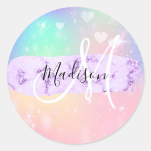 Mädchenhaftes, farbenfrohes Einhorn-Regenbogen-Her Runder Aufkleber