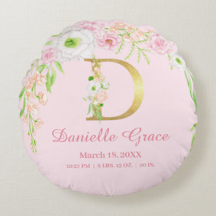 Mädchenhaftes florales Monogramm Baby Stats Rundes Kissen