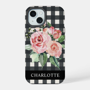 Mädchenhaftes Florales Schwarz-Weiß-Büffel-Karo-Na iPhone 15 Hülle
