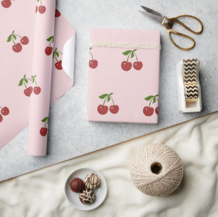 Mädchenhaftes Fruchtmuster Pastellrosa & Rote Kirs Geschenkpapier