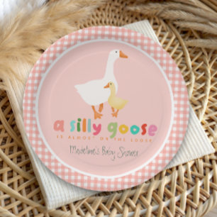 Mädchenhaftes Gingham-Tölpel-Baby-Shower Pappteller