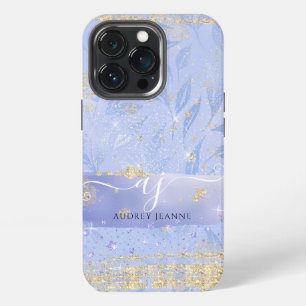 Mädchenhaftes Gold Glitter Blau Juwel Laub Schrift iPhone 13 Pro Hülle