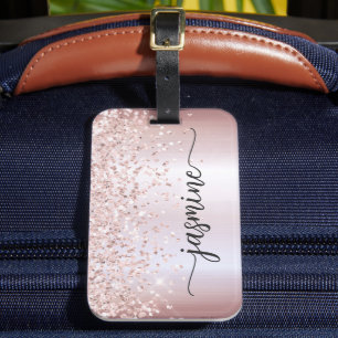 Mädchenhaftes Metallic-Roségold-Glitter-Monogramm- Gepäckanhänger