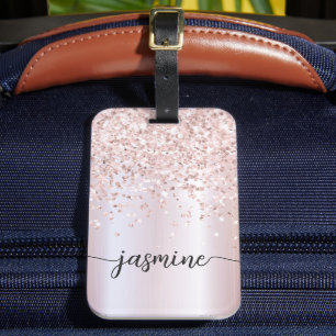 Mädchenhaftes Metallic-Roségold-Glitzer-Monogramm- Gepäckanhänger