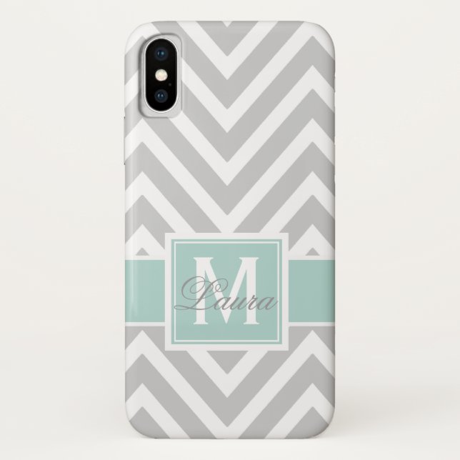 Mädchenhaftes Mintgrün Grau Chevron Monogramm Name Case-Mate iPhone Hülle (Rückseite)