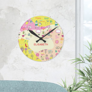 Mädchenhaftes Pastellrosa Kawaii-Doodle Runde Wanduhr