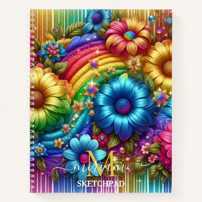 Mädchenhaftes Regenbogen-Blumen-Monogramm Notizbuch (Vorderseite)
