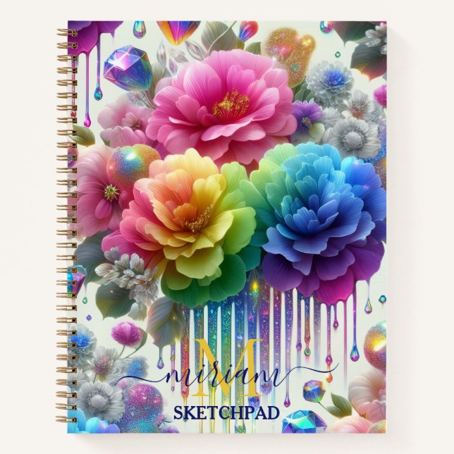 Mädchenhaftes Regenbogen-Blumen-Monogramm Notizbuch (Vorderseite)