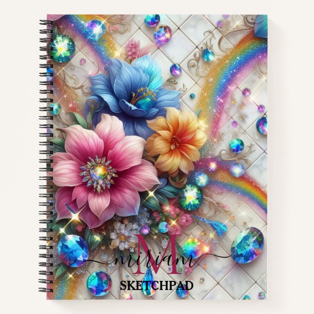 Mädchenhaftes Regenbogen-Blumen-Monogramm Notizbuch (Vorderseite)