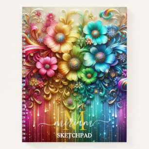 Mädchenhaftes Regenbogen-Blumen-Monogramm Notizbuch