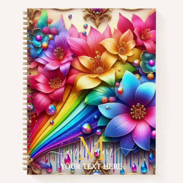 Mädchenhaftes Regenbogen-Blumen-Monogramm Notizbuch (Vorderseite)