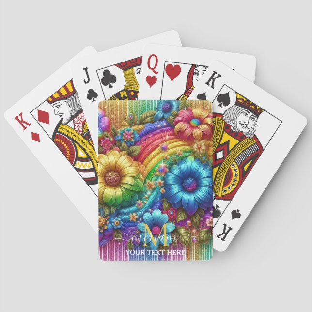 Mädchenhaftes Regenbogen-Blumen-Monogramm Spielkarten (Rückseite)