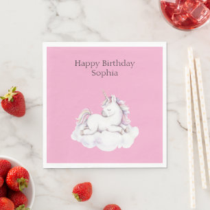 Mädchenhaftes rosa Einhorn auf Wolken Geburtstag Serviette