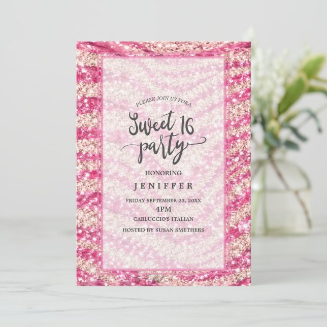 Mädchenhaftes Rosa Errötungs-Glitter-Zebra-Muster Einladung (Stehend Vorderseite)