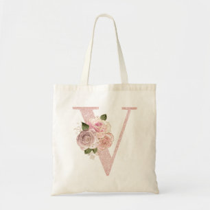Mädchenhaftes Rosa Gold Glitter Blumen V Monogramm Tragetasche
