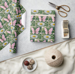 Mädchenhaftes Rosa Schmetterling und Weiße Margeri Geschenkpapier