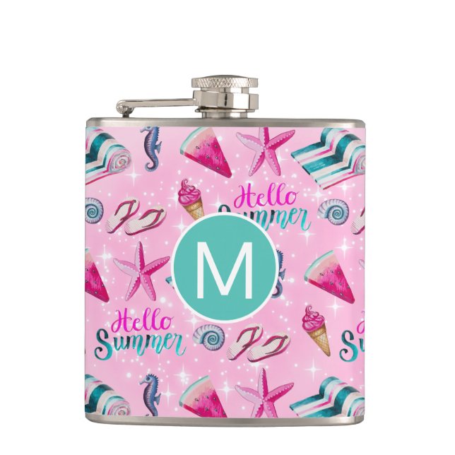 Mädchenhaftes rosa Sommer-Wasserfarben-Monogramm-M Flachmann (Vorderseite)