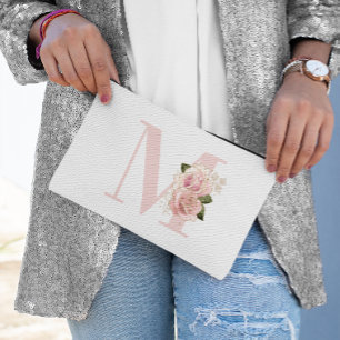 Mädchenhaftes Roségold-Glitter-Blumen-Monogramm Zubehörtasche