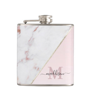 Mädchenhaftes Roségold Glitter Marmor Monogramm Flachmann