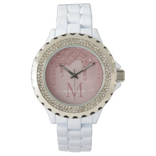 Mädchenhaftes Roségold Glitter Monogramm mit Tropf Armbanduhr