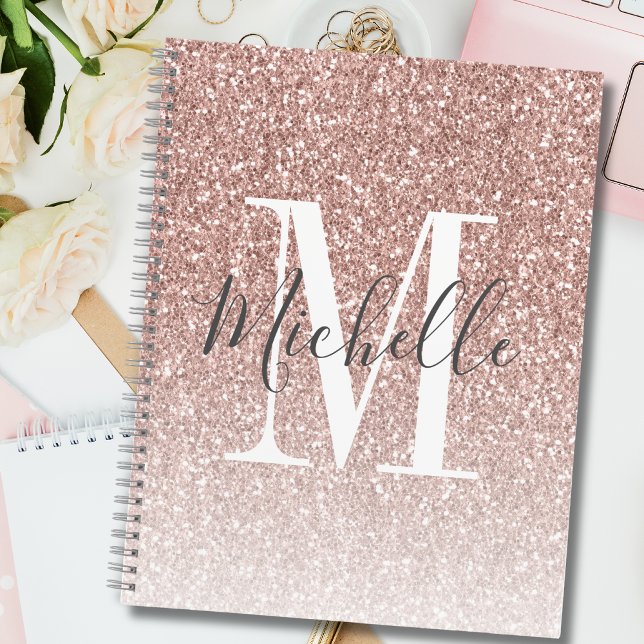 Mädchenhaftes Roségold-Rot Glitter-Monogramm-Name Notizbuch (Von Creator hochgeladen)