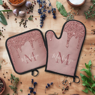 Mädchenhaftes roségoldenes Glitter-Monogramm mit T Ofenhandschuh & Topflappen-Set