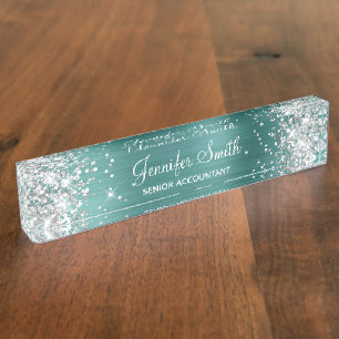 Mädchenhaftes Silber Glitter Faux Aqua Türkis Foli Namensplakette