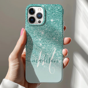 Mädchenhaftes Türkis Glitter Monogramm Name Case-Mate iPhone Hülle