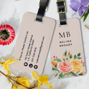 Mädchenhaftes Wasserfarben-Pfirsichblüten-Monogram Gepäckanhänger