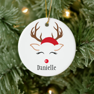 Mädchenhaftes Weihnachts-Rentier mit roter Nase un Keramik Ornament