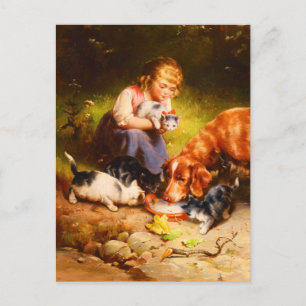 Mädchenkätzchen und Retriever-Hund trinken Milch Feiertagspostkarte