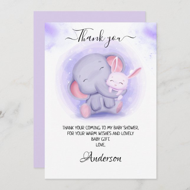 Mädchenlephant und Baby-Kaninchen-Babydusche Dankeskarte (Vorne/Hinten)