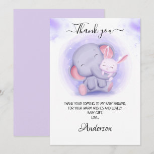 Mädchenlephant und Baby-Kaninchen-Babydusche Dankeskarte