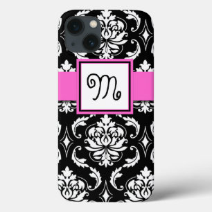 MÄDCHENMONOGRAM, PINK, SCHWARZES DAMASKPATTER Case-Mate iPhone HÜLLE