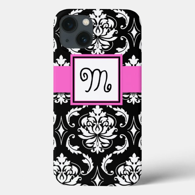 MÄDCHENMONOGRAM, PINK, SCHWARZES DAMASKPATTER Case-Mate iPhone HÜLLE (Rückseite)