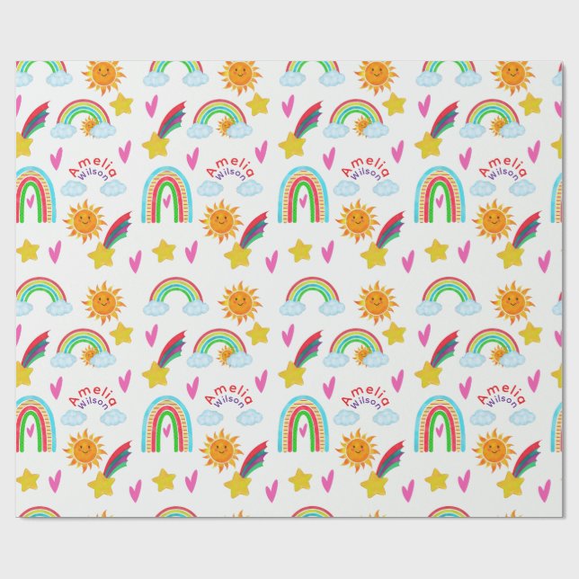 Mädchenname mit Regenbogen-Sonne-Stern-Muster für  Geschenkpapier (Flach)