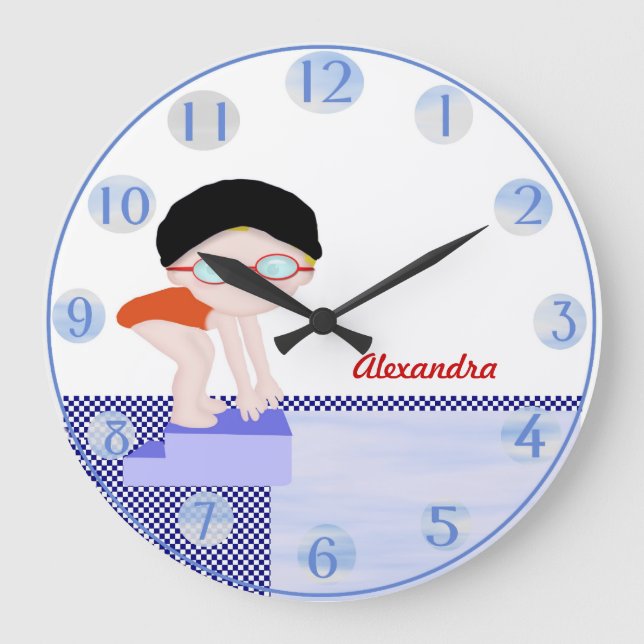 Mädchenpersonalisierte Swim-Wand-Uhr Große Wanduhr (Vorderseite)