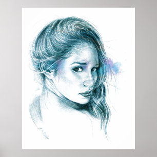 Mädchenporträt-Bleistiftkunst im blauen Poster
