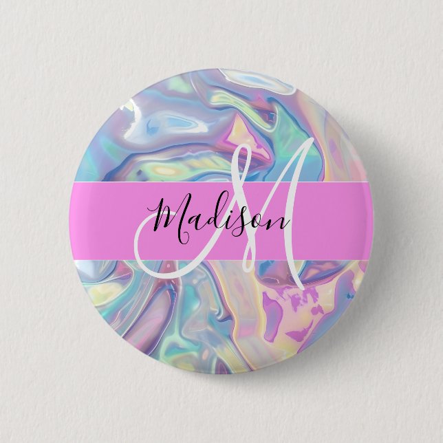 Mädchenrosa Holografisch Iridescent Monogram Name Button (Vorderseite)