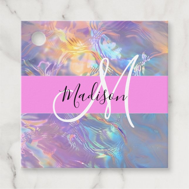 Mädchenrosa Holografisch Iridescent Monogram Name Geschenkanhänger (Vorderseite)
