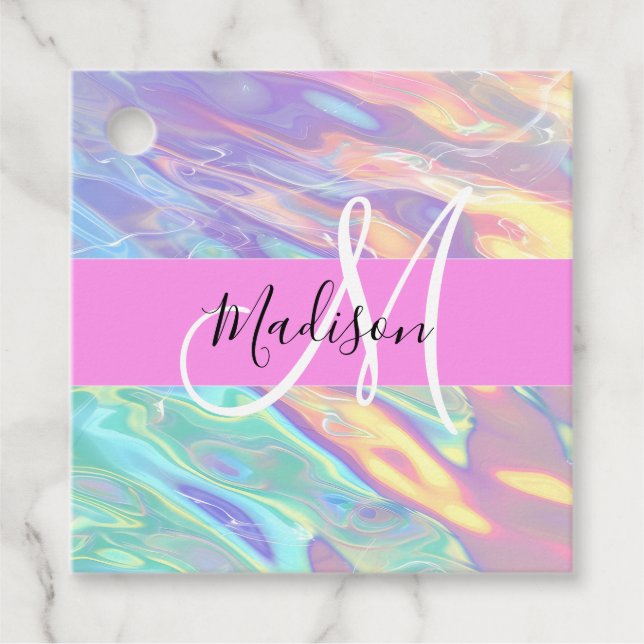 Mädchenrosa Holografisch Iridescent Monogram Name Geschenkanhänger (Vorderseite)