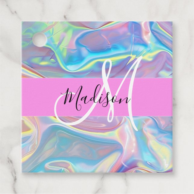 Mädchenrosa Holografisch Iridescent Monogram Name Geschenkanhänger (Vorderseite)