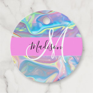 Mädchenrosa Holografisch Iridescent Monogram Name Geschenkanhänger