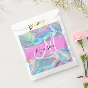 Mädchenrosa Holografisch Iridescent Monogram Name Geschenktütchen