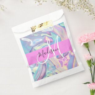 Mädchenrosa Holografisch Iridescent Monogram Name Geschenktütchen