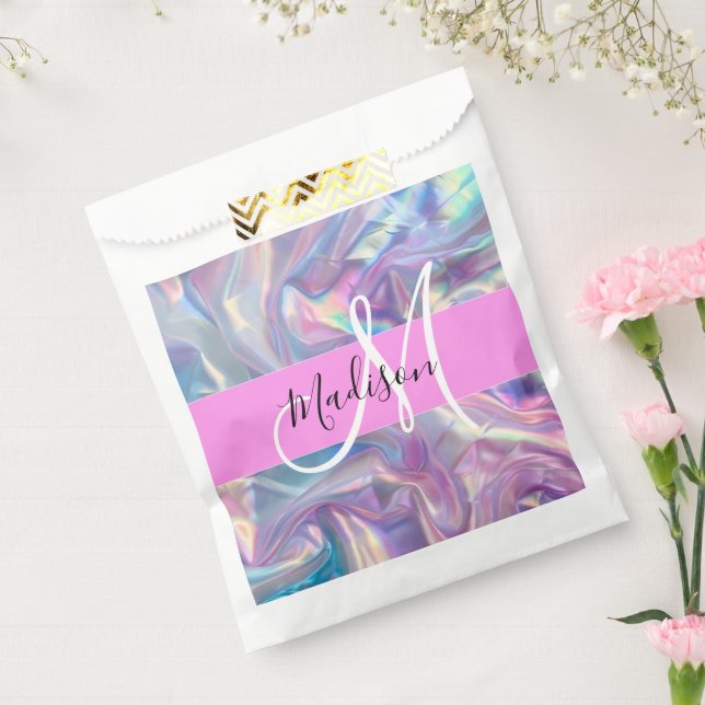 Mädchenrosa Holografisch Iridescent Monogram Name Geschenktütchen (Versiegelt)