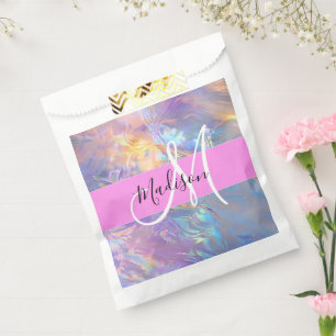 Mädchenrosa Holografisch Iridescent Monogram Name Geschenktütchen