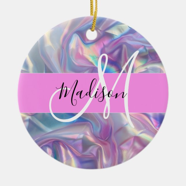 Mädchenrosa Holografisch Iridescent Monogram Name Keramik Ornament (Vorne)